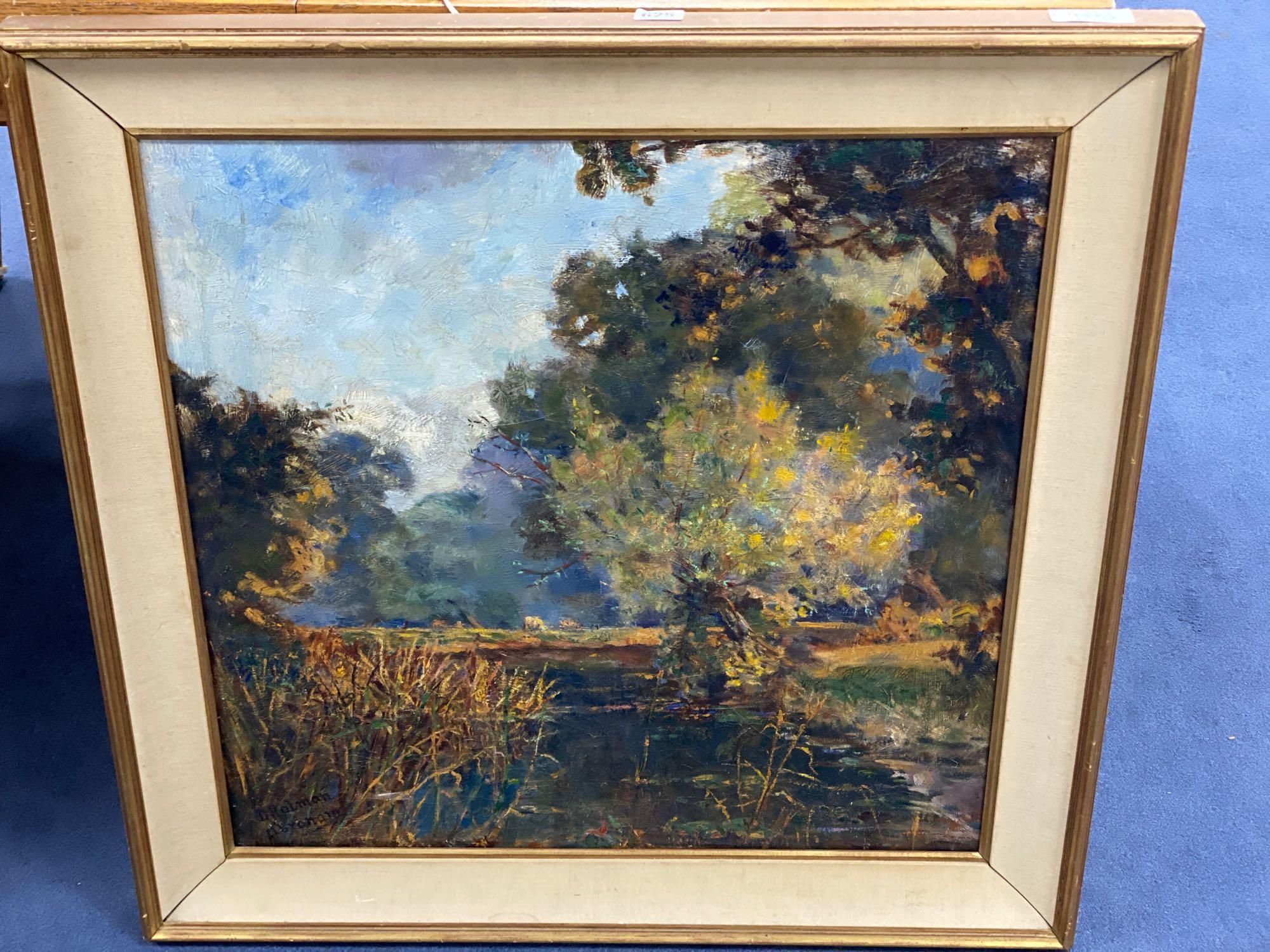 D. Halman Abraham (early 20th century), oil on canvas, Landscape with cows grazing near a river, signed, 61 x 61cm.